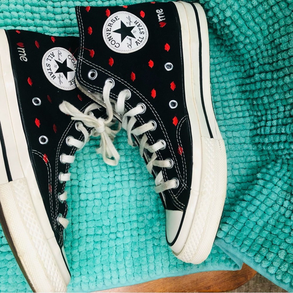 Converse Black High-Top Sneakers with Red Heart Dots. So cute! Women’s size 9.5